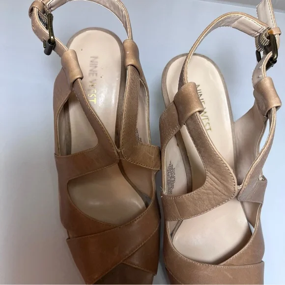 Nine West Marcalie Tan Leather Platform Sandals Strappy Peep Toe Block Heel sz 9 - Picture 6 of 16